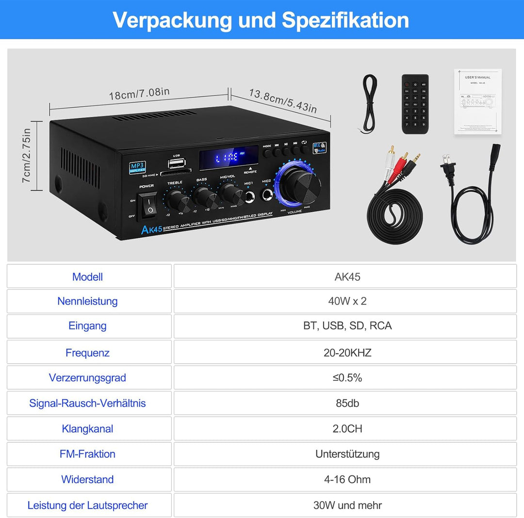 HiFi Verstärker mit Bluetooth, Mini Stereo Audio Amplifier Anlage 2.0 Kanäle 400W X 2 Endverstärker