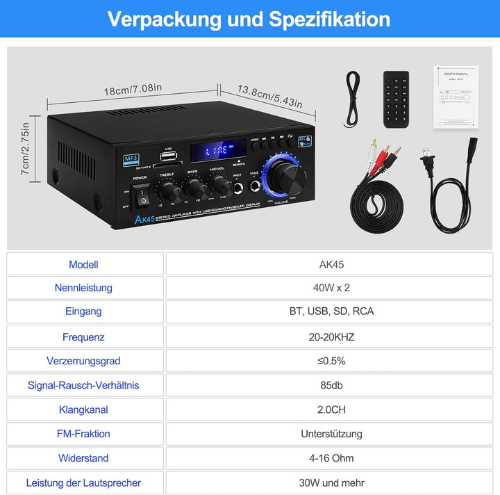 HiFi Verstärker mit Bluetooth, Mini Stereo Audio Amplifier Anlage 2.0 Kanäle 400W X 2 Endverstärker