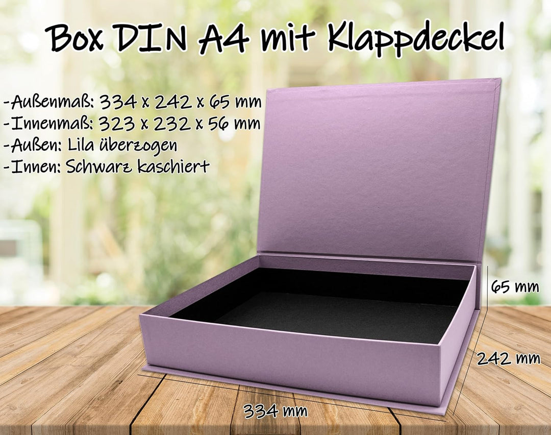NEUSER PAPIER Geschenkbox mit Klappdeckel - 2 Stück - DIN A4 - Lila bezogen - innen schwarz kaschier