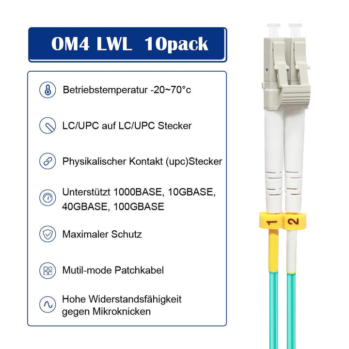 FLYPROFiber 0.2M OM4 LC auf LC LWL Glasfaser Patchkabel | Längenoptionen: 0,2m-100m, 40GB/100GB Dupl
