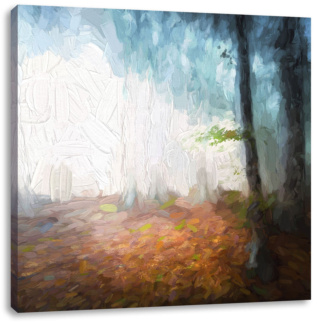 Pixxprint Düsterer Wald im Nebel Pinsel Effekt, Format: 70x70 auf Leinwand, 70x70