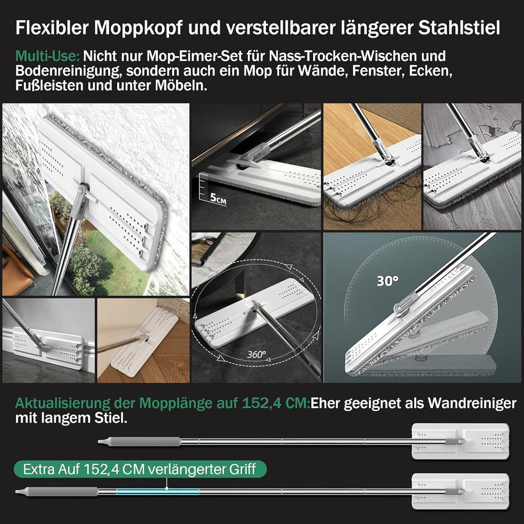 JOYMOOP Wischmopp und Eimer mit Auswringer-Set, freihändiger Flacher Bodenwischer und Eimer, mit 8 w