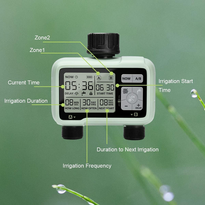 johgee Bewässerungscomputer 2 Anschlüsse, Bewässerungssystem, Bewässerungstimer Gartenschlauch Timer
