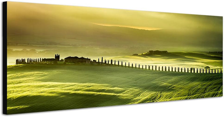 Paul Sinus Art Panoramabild auf Leinwand und Keilrahmen 150x50cm Landschaft Wiesen Dorf Bäume Sonnen