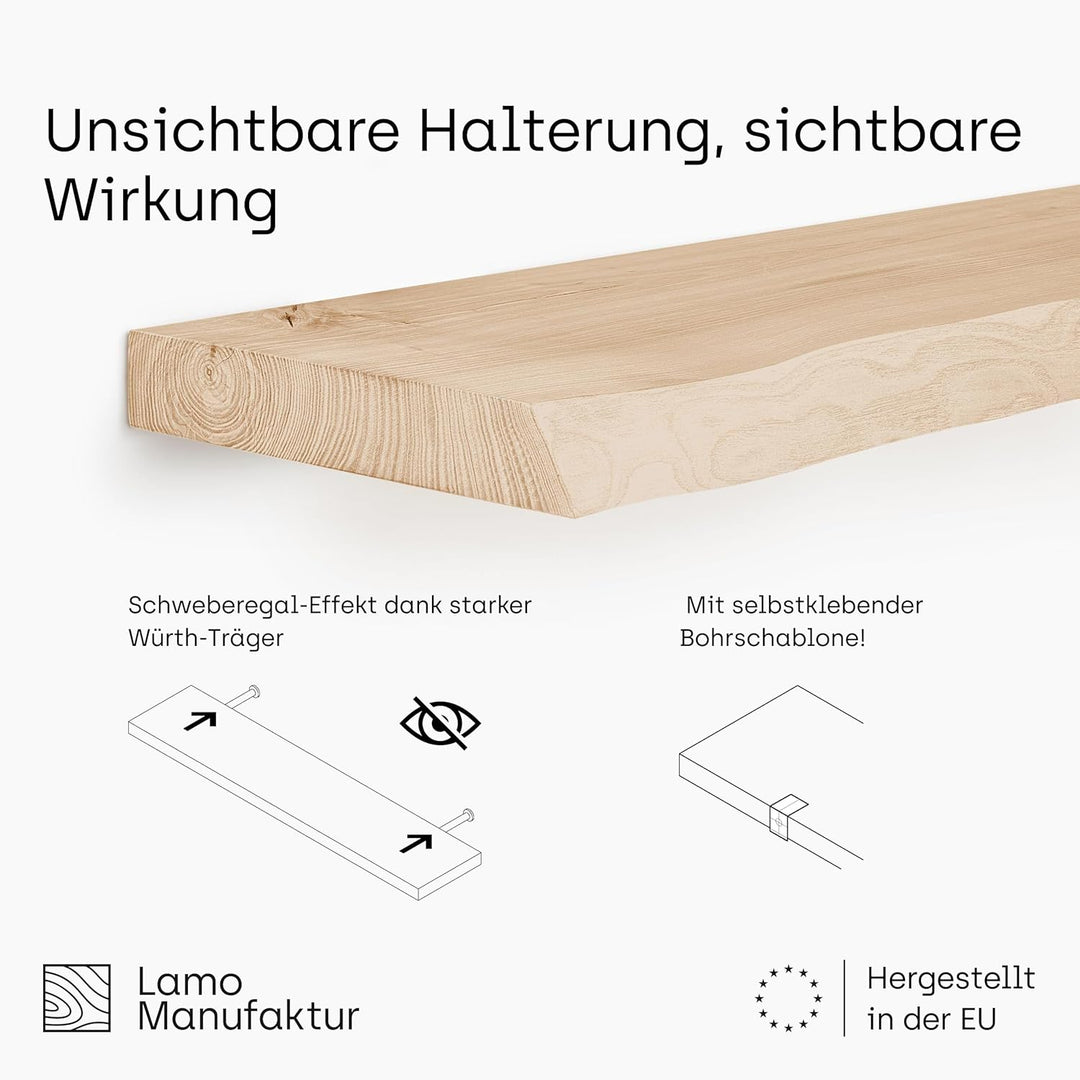 LAMO Manufaktur Wandregal Holz Gerade | Regal Farbe: Roh | Invisible: Schweberegal | 50 cm Invisible