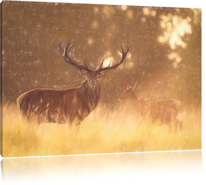 Pixxprint Rotwild im goldenen Morgenlicht als Leinwandbild | Grösse: 100x70 cm | Wandbild | Kunstdru