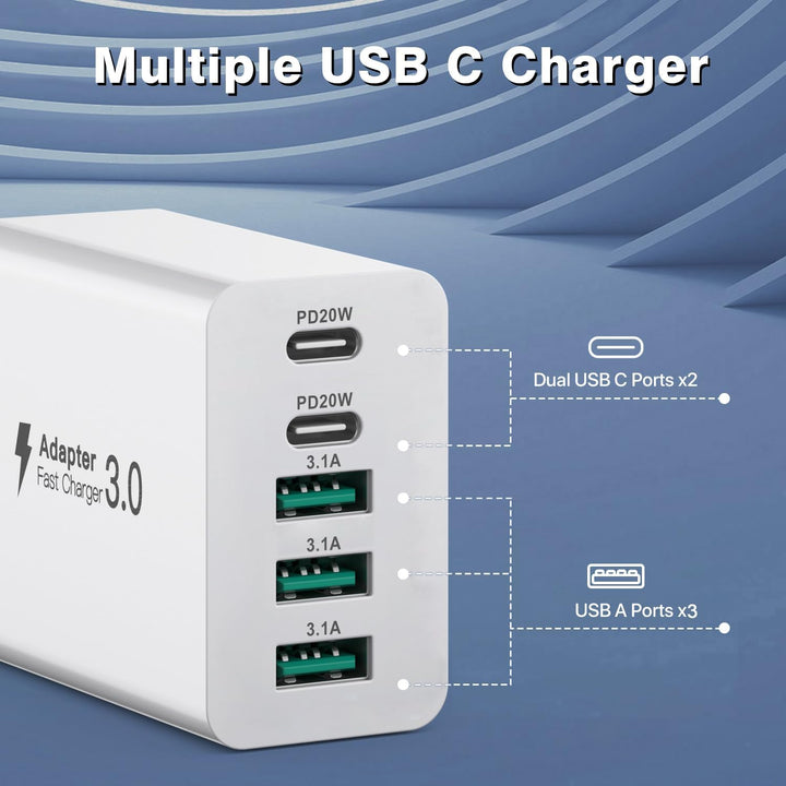 2er Pack USB C Ladegerät 50W, 5 Ports Mehrfach USB Stecker mit【2 USBC+3 USBA】, 50W Netzteil Wand-Lad