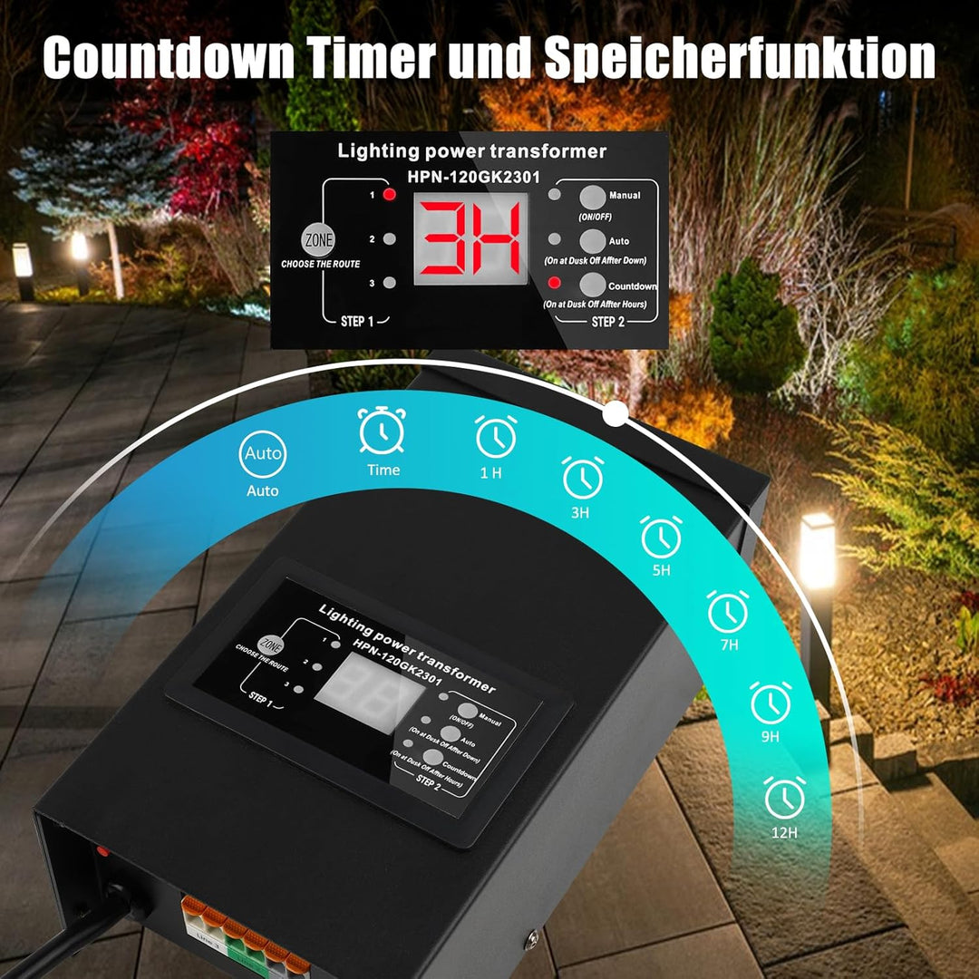 COOLWEST LED Transformator 120W mit Lichtsensor, LED Trafo 230V AC auf 12V AC mit Timer, Transformat