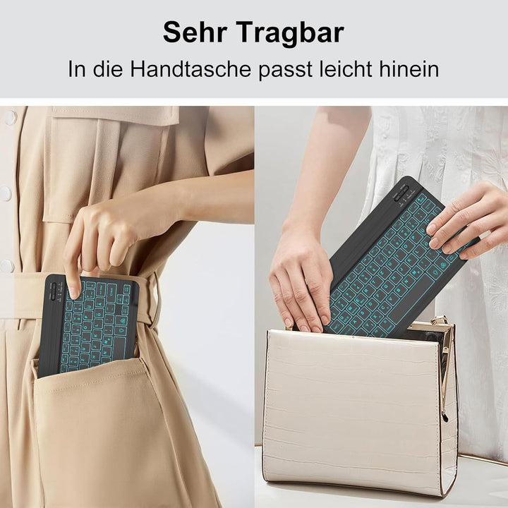 Bluetooth Tastatur Deutsches Layout für 10+ Zoll Tablets, Mit 7-Farben Hintergrundbeleuchtung, Ohne