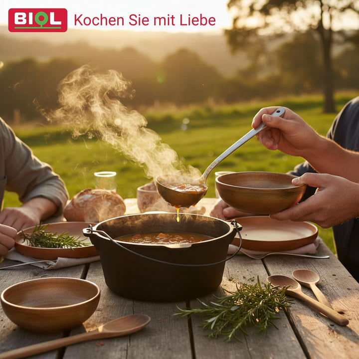 BIOL Dutch Oven 6 Liter aus Gusseisen – Eingebrannter Feuertopf mit Deckelheber und Doppelfunktions-