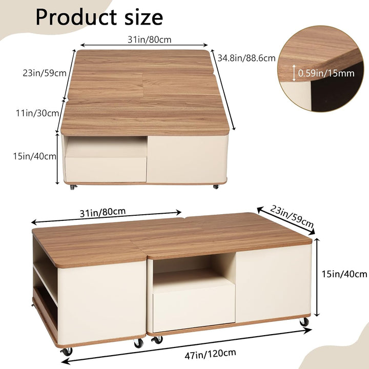 Couchtisch mit Rollen, Wohnzimmertisch Holz mit 2 Schublade, Modulare Ausgefallene Couchtische, Kaff
