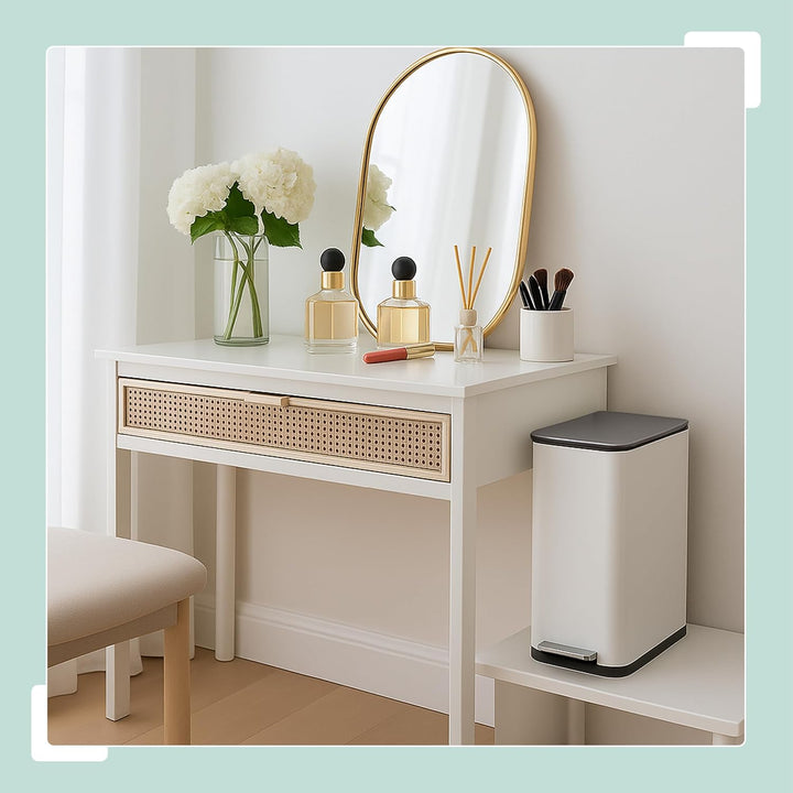 Relaxdays Kosmetikeimer, 10 Liter, Absenkautomatik, entnehmbarer Inneneimer, Bad Mülleimer mit Decke