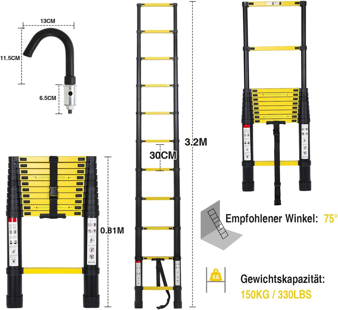 Eulenke 3,2M Teleskopleiter - Rutschfester Aluminium Multifunktionsleiter mit 2 Haken - Ausziehleite