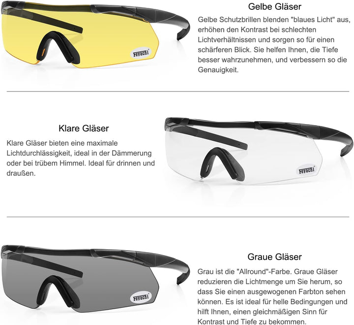 Feyachi Schiessbrille mit 3 Austauschbaren Gläsern, Schutzbrille Schlagfester Augenschutz, UV-400-S