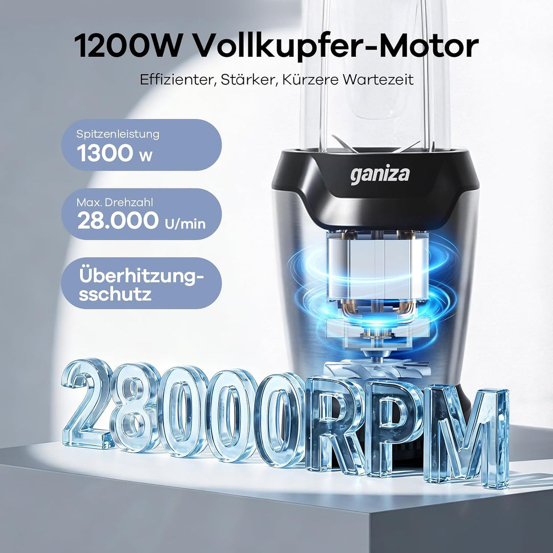Ganiza Mixer, 1300W Smoothie Maker, Standmixer mit 3 Tragbare Mixbechern(2×1100ml & 1×660ml), Sechsk