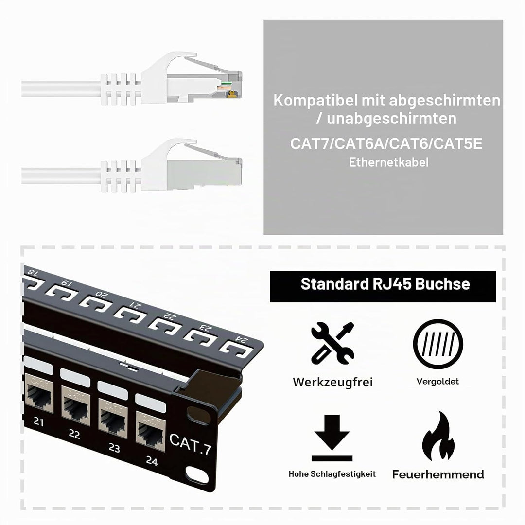 iwillink 24 Port Cat7 RJ45 Durchgangskupplung 1U geschirmtes Patchpanel STP 48,3 cm mit Rückleiste,