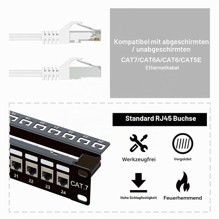 iwillink 24 Port Cat7 RJ45 Durchgangskupplung 1U geschirmtes Patchpanel STP 48,3 cm mit Rückleiste,