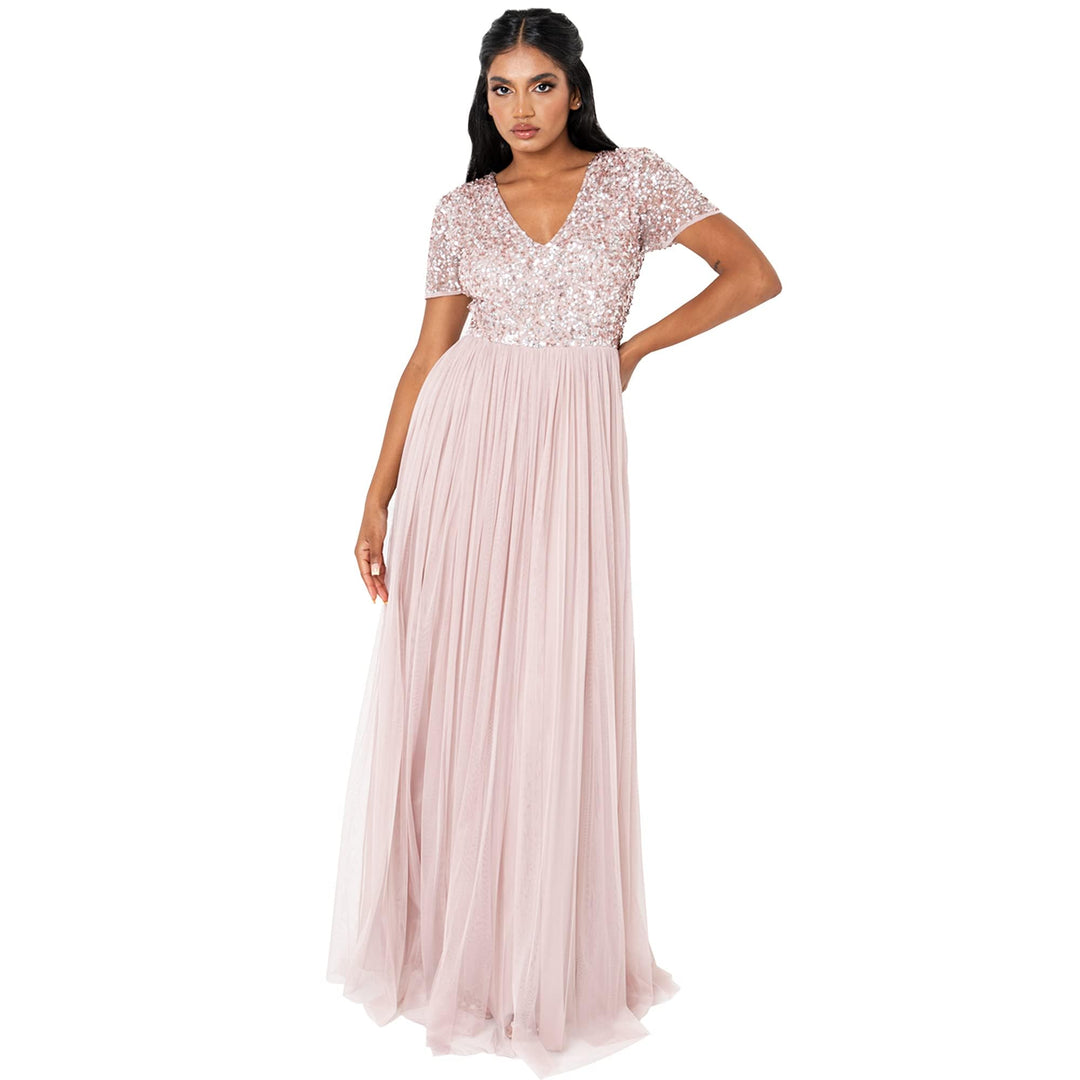 Maya Deluxe Damen Women's Maxi Dress Ladies Bridesmaid V-Neck Ball Gown Short Sleeves Long Elegant E