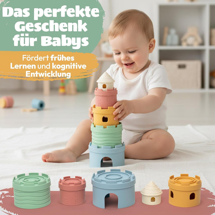 Stapelbecher Baby Silikon Montessori Spielzeug 3 in 1 – Stapelturm, Beissring &amp; Badespielzeug | Sens