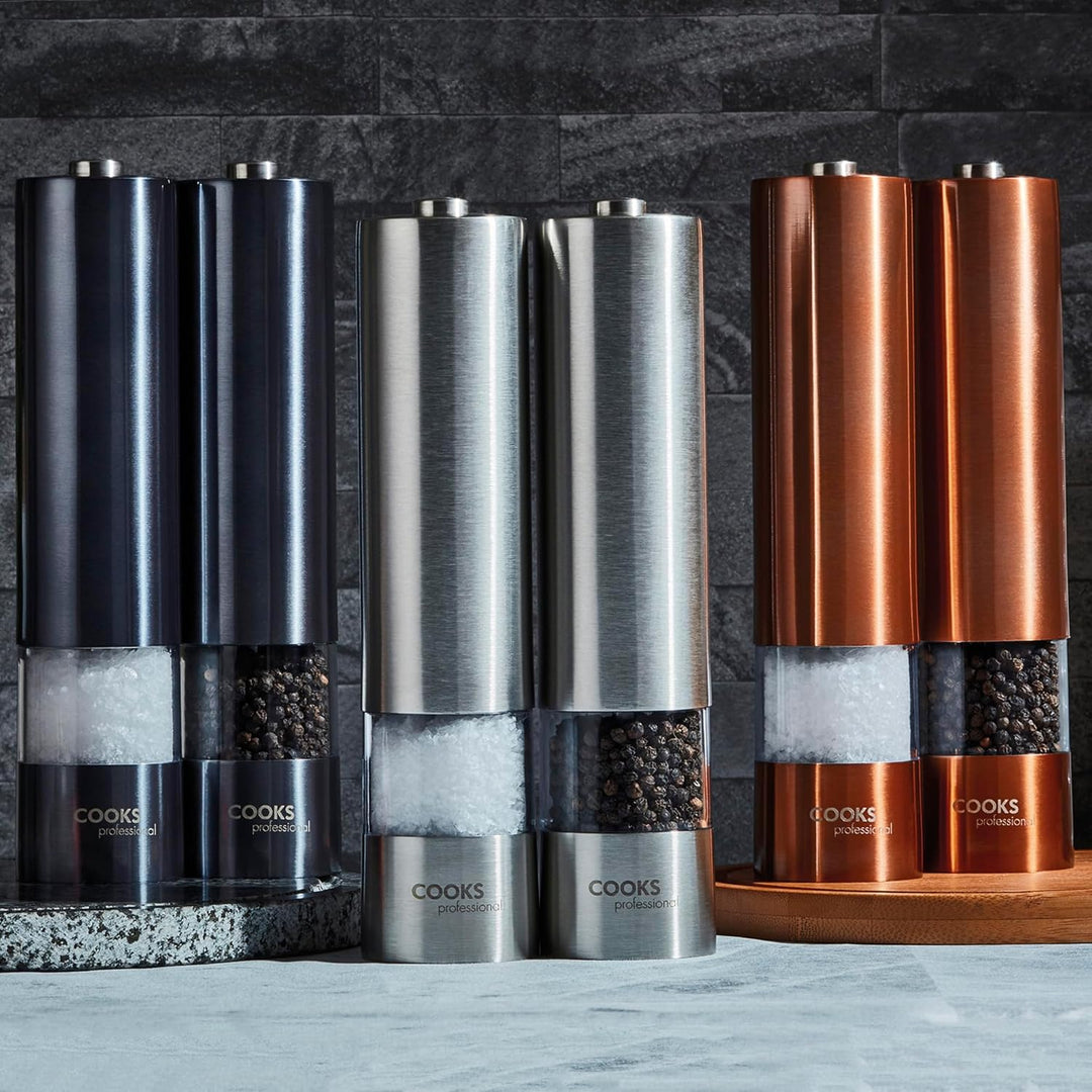 Cooks Professional Elektrisches Salz- und Pfeffermühlen-Set mit Bambusboden | Batteriebetriebene aut