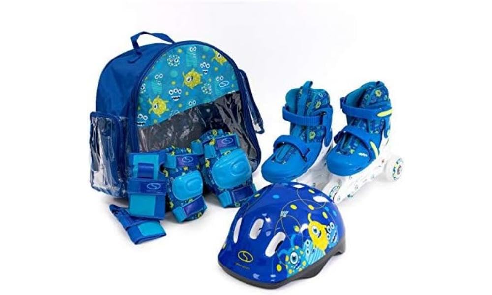 SMJ Kinder Set 2in1 Inliner Rollschuhe VERSTELLBAR Inline Skates mit LED Rollen + Schonerset + Helm
