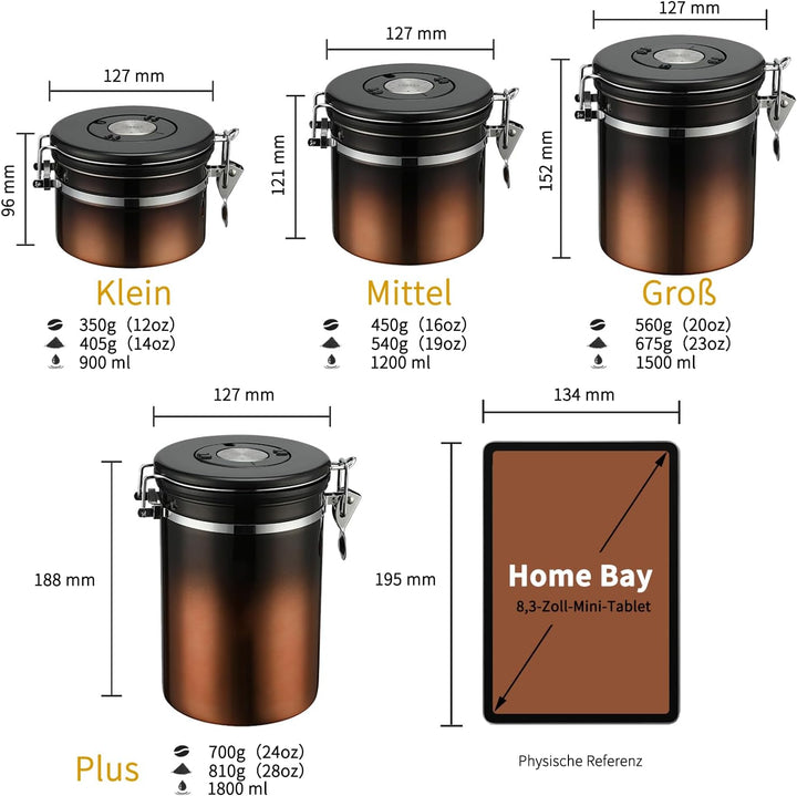 1200 ml luftdichter Edelstahl-Kaffeedose (400–600 g), Kaffeebehälter mit Datums-Tracker-Deckel Kupfe