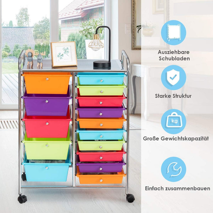 COSTWAY Rollwagen mit 15 stapelbaren Schubladen, Schubladenwagen Rollcontainer mit Metallgestell und