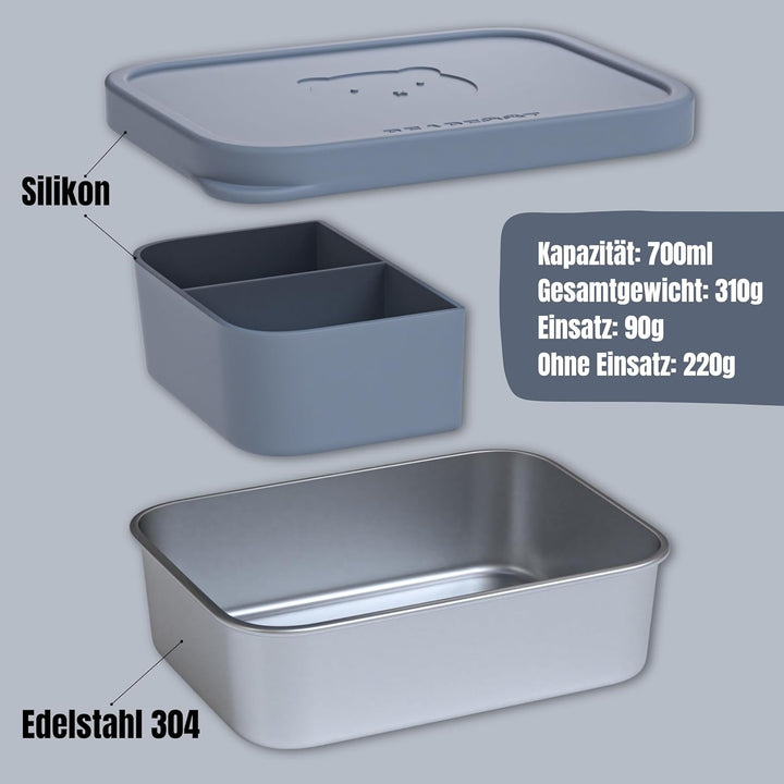 BEARFOOT Edelstahl Brotdose Kinder mit Silikondeckel (Blau, 700 ml) | BPA-frei, auslaufsicher, Brotz