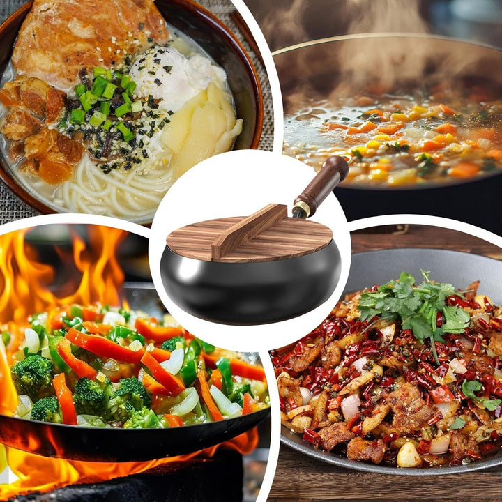 Chinesische Wok, handgefertigte Eisenpfanne mit Holzgriff multifunktionales Antihaftpfanne nicht bes