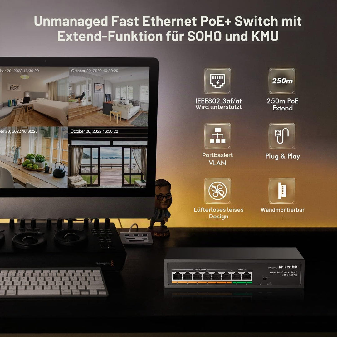 MokerLink 8 Port PoE Switch mit 6 PoE+ Port, 2 Uplink, 100Mbps, IEEE802.3af/at 78W AI Erkennung, Lüf