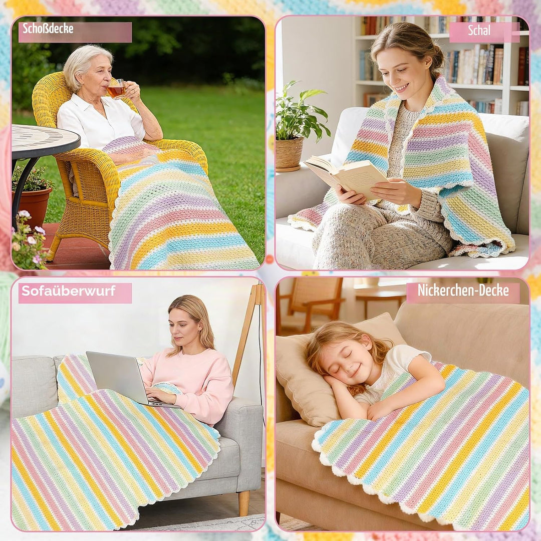 Alvian Häkelset für Anfänger, Regenbogen-Decke, Häkeln, DIY-Strick-Starter-Set, enthält Garn, Metall