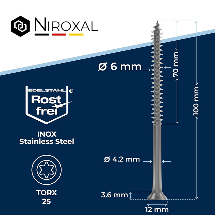 Schrauben Torx Edelstahlschrauben 6x100 Edelstahl V2A rostfrei Spanplattenschrauben für Holz Teilgew