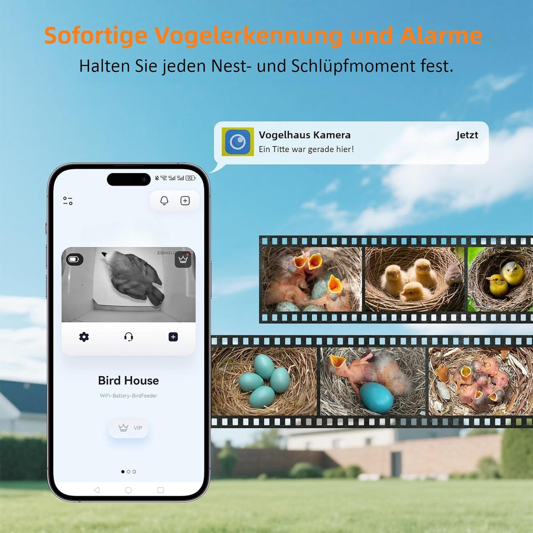 Vogelhaus mit 4MP Kamera, Nistkasten für Vögel für Draussen Wetterfest, 2,4 G WiFi & App Benachricht