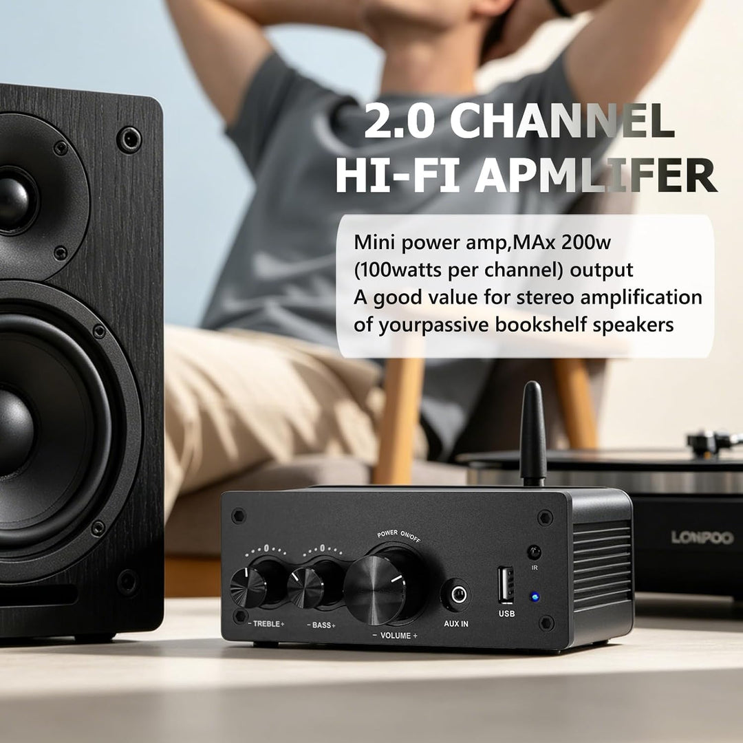 LONPOO Mini Bluetooth Hifi-Verstärker 200W mit Fernbedienung, Optical, COAX, USB, AUX-Eingang, 2 Kan