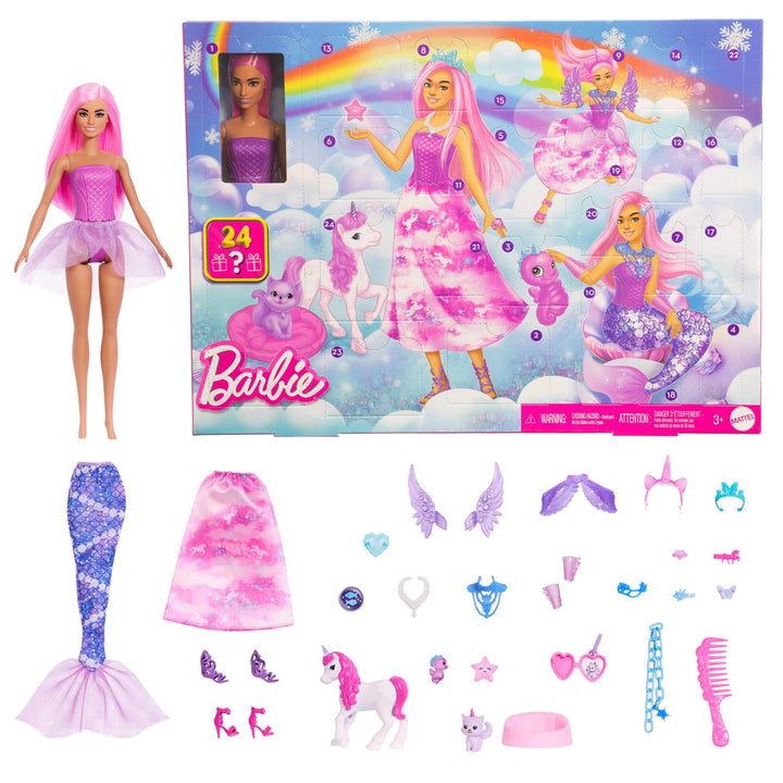 Barbie-Adventskalender mit Puppe und 24 Überraschungs-Accessoires mit Einhorn und Tieren, die Modepu