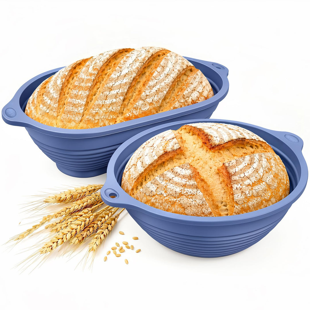 2 Stück Silikon Gärkörbchen für Brot, 29 cm Oval und 25 cm Rund, Eingebauter Verstärkter Stahlfelgen