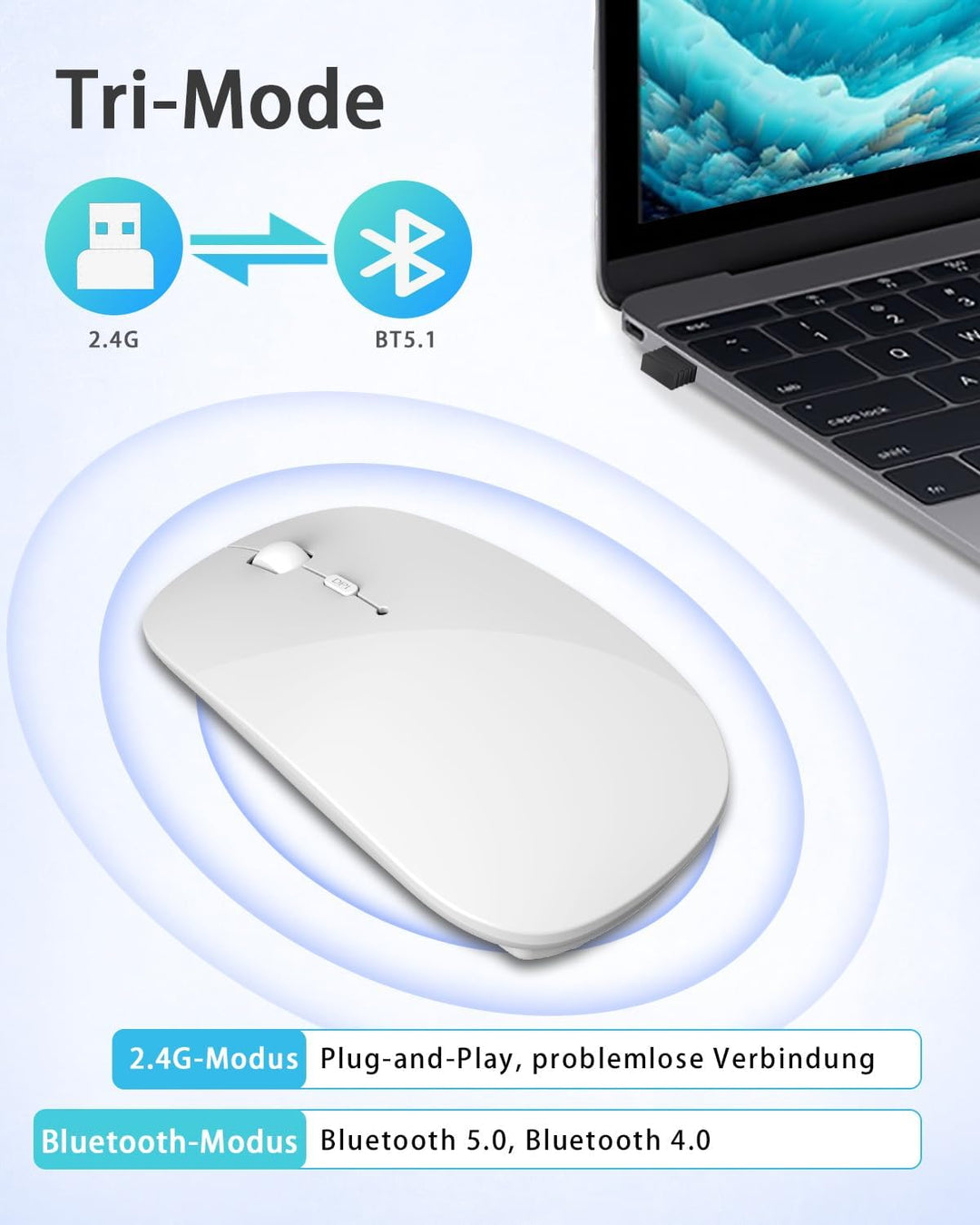 AE WISH ANEWISH Kabellos Bluetooth Maus with USB-C-Adapter wiederaufladbare Leise Mini Maus Kabellos