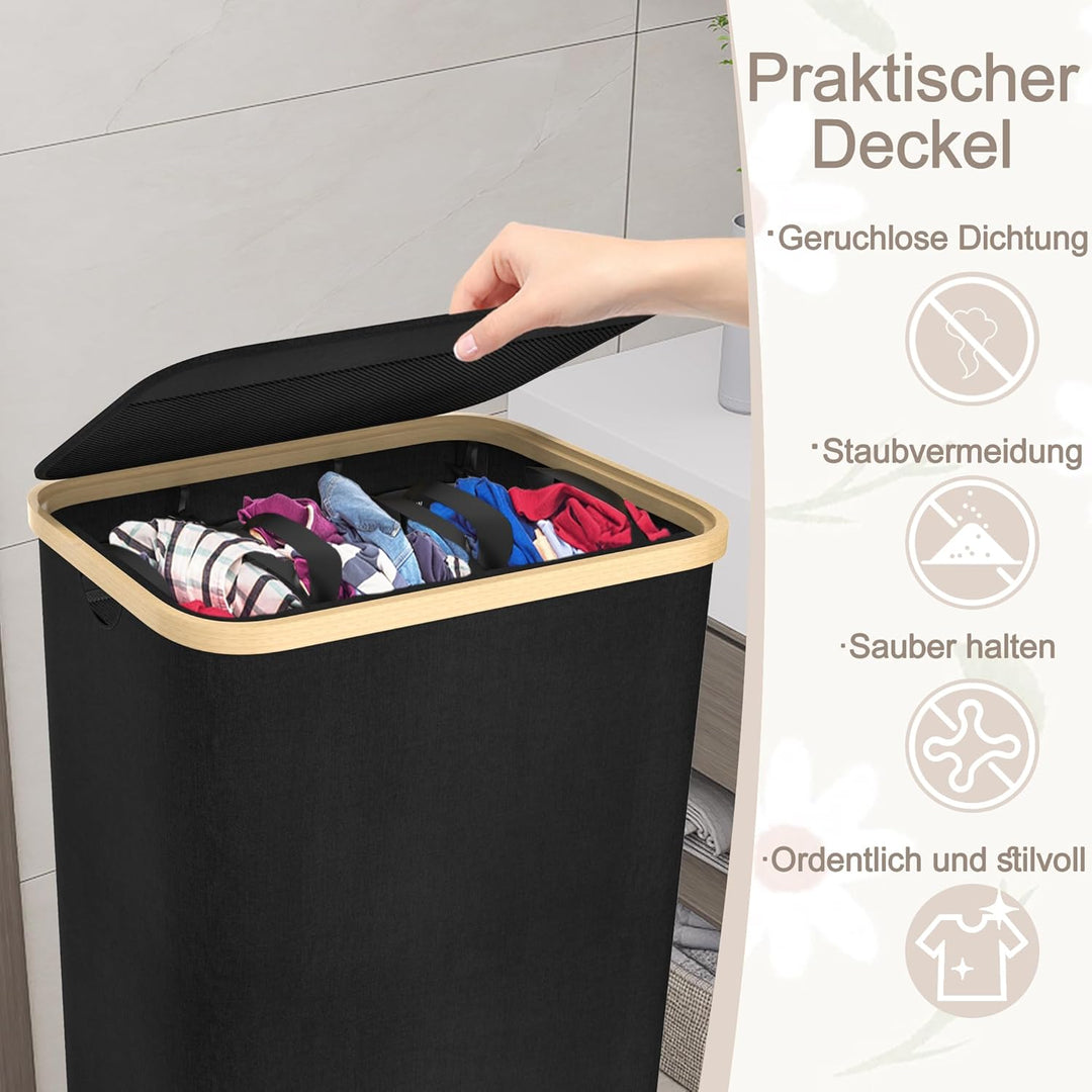UISEBRT Wäschekorb mit Deckel, Wäschesammler 3 Fächer, 140L Wäschesack Schmal Faltbare Wäschekörbe,