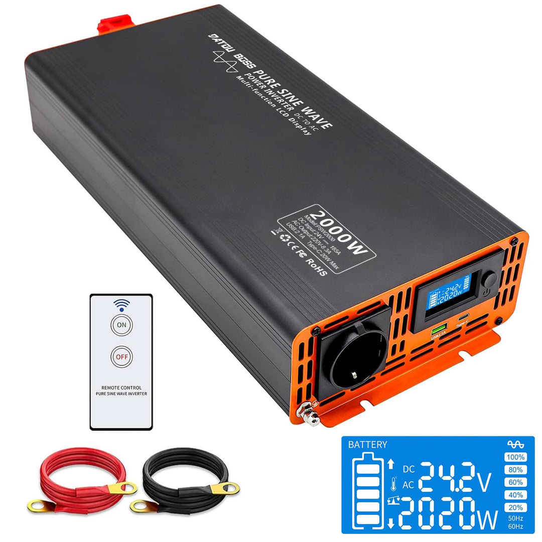 DATOUBOSS 2000W Reiner Sinus Wechselrichter 24V auf 230V (4000W Peak), Spannungswandler mit Funkfern