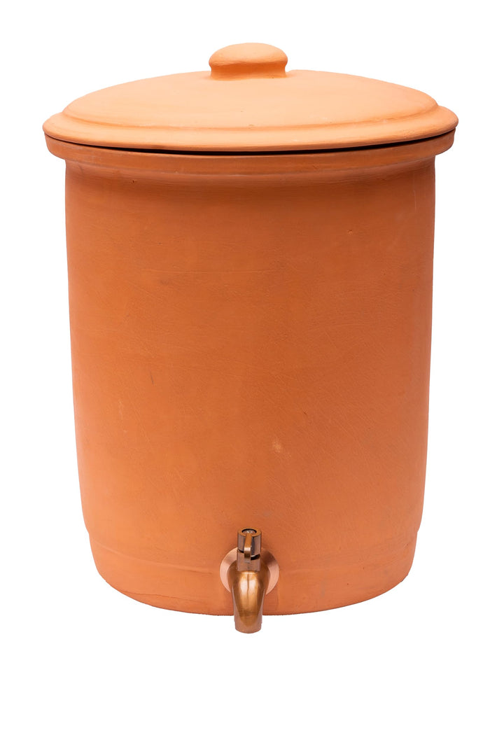 Village Decor Handmade Earthen Clay Water Pot with Stainless Steel Spigot and Lid/Beverage Dispenser