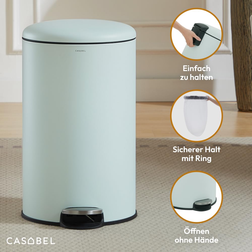 CASABEL Mülleimer Küche 30L, 100% Edelstahl, Resistent gegen Fingerabdrücke, Runder Treteimer mit Fu