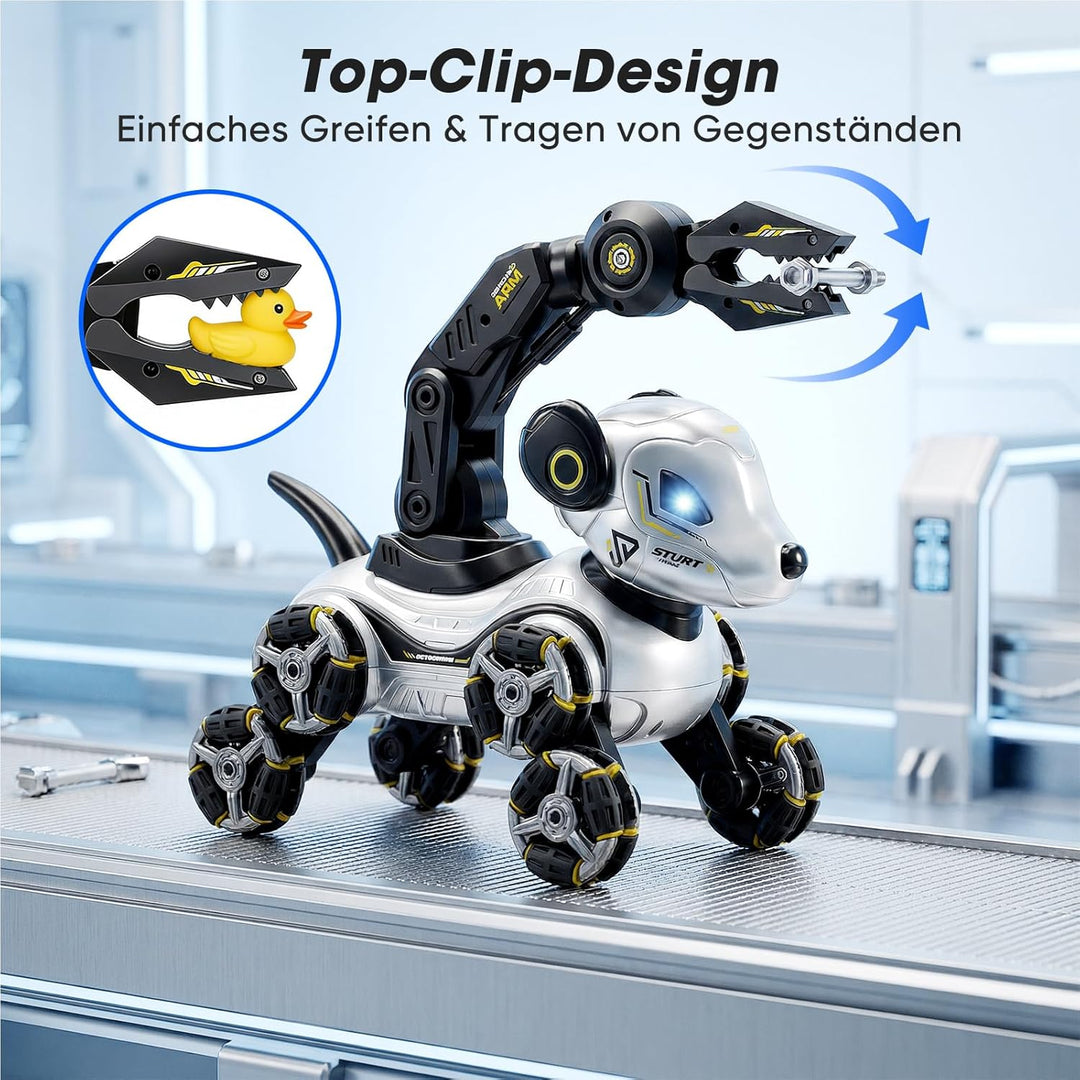 Roboter Hund Kinder – Interaktiver RC Roboterhund mit Gestensteuerung Uhr, Greifarm, 8-Rad Stunts, L