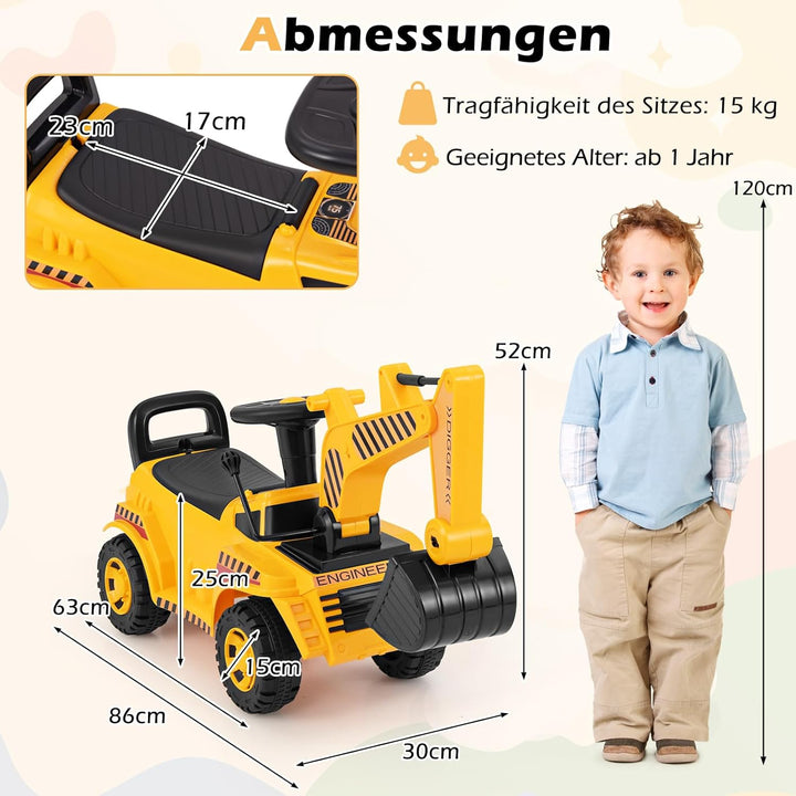 COSTWAY Sitzbagger, Kinderbagger mit Verstellbarer Schaufel &amp; Stauraum unter Sitz, Aufsitzbagger mit