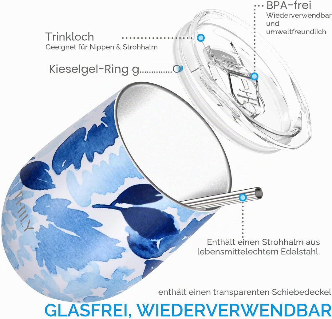 THILY Weinglas mit Deckel und Strohhalm, isoliert, 340 ml, dreifach wandig, isoliert, Edelstahl, häl