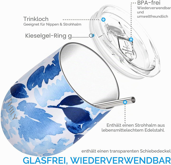 THILY Weinglas mit Deckel und Strohhalm, isoliert, 340 ml, dreifach wandig, isoliert, Edelstahl, häl