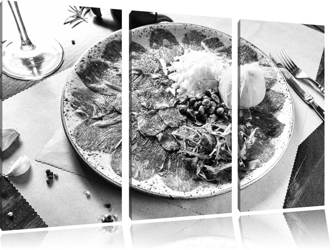 Pixxprint appetitliches Carpaccio Kunst B&amp;W als Leinwandbild/Grösse: 3 Teilig (120x80) / Wandbild/Ku