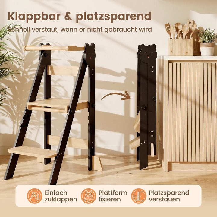 Lernturm Klappbar &amp; 3-Fach Höhenverstellbar - Kippsicherer Learning Tower aus Kiefernholz - Mitwachs