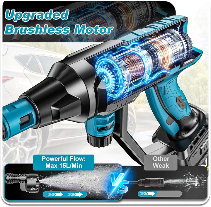 Akku Hochdruckreiniger,3000W Bürstenloser Motor 4-Gang-Modus Max 125Bar,Druckreiniger Mobiler mit 2x