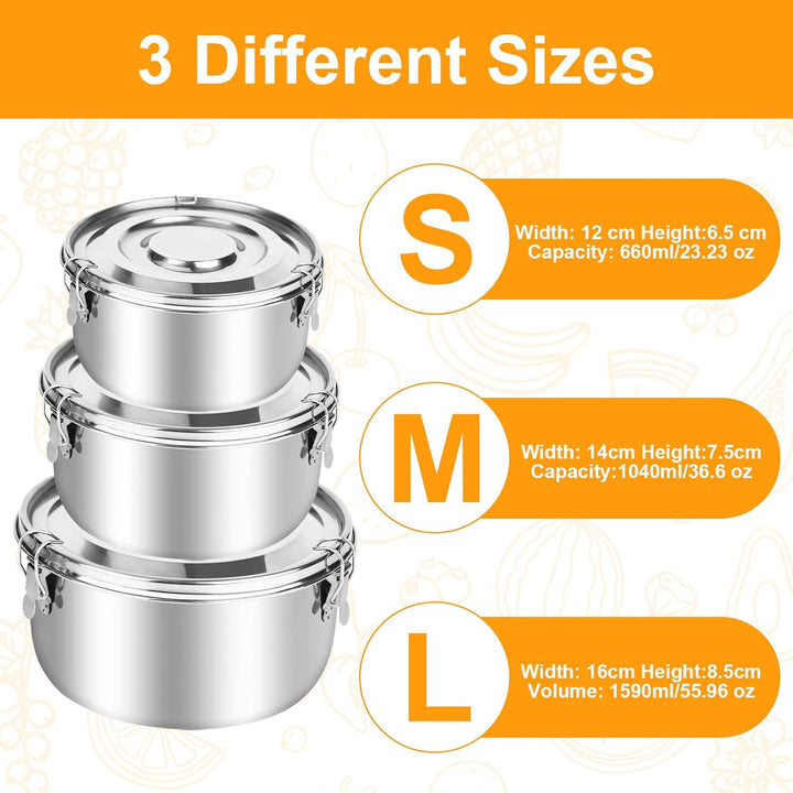 Edelstahl Behälter 3 Pack, 304 Edelstahl Brotdose (660ml/1040ml/1590ml) Erwachsenen Lebensmittelbehä