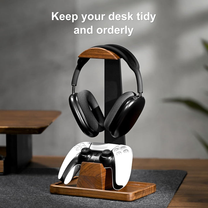 UPERGO Headset Stand with Gaming Controller Holder, Walnut Wood Headphone Stand with Storage Base, G